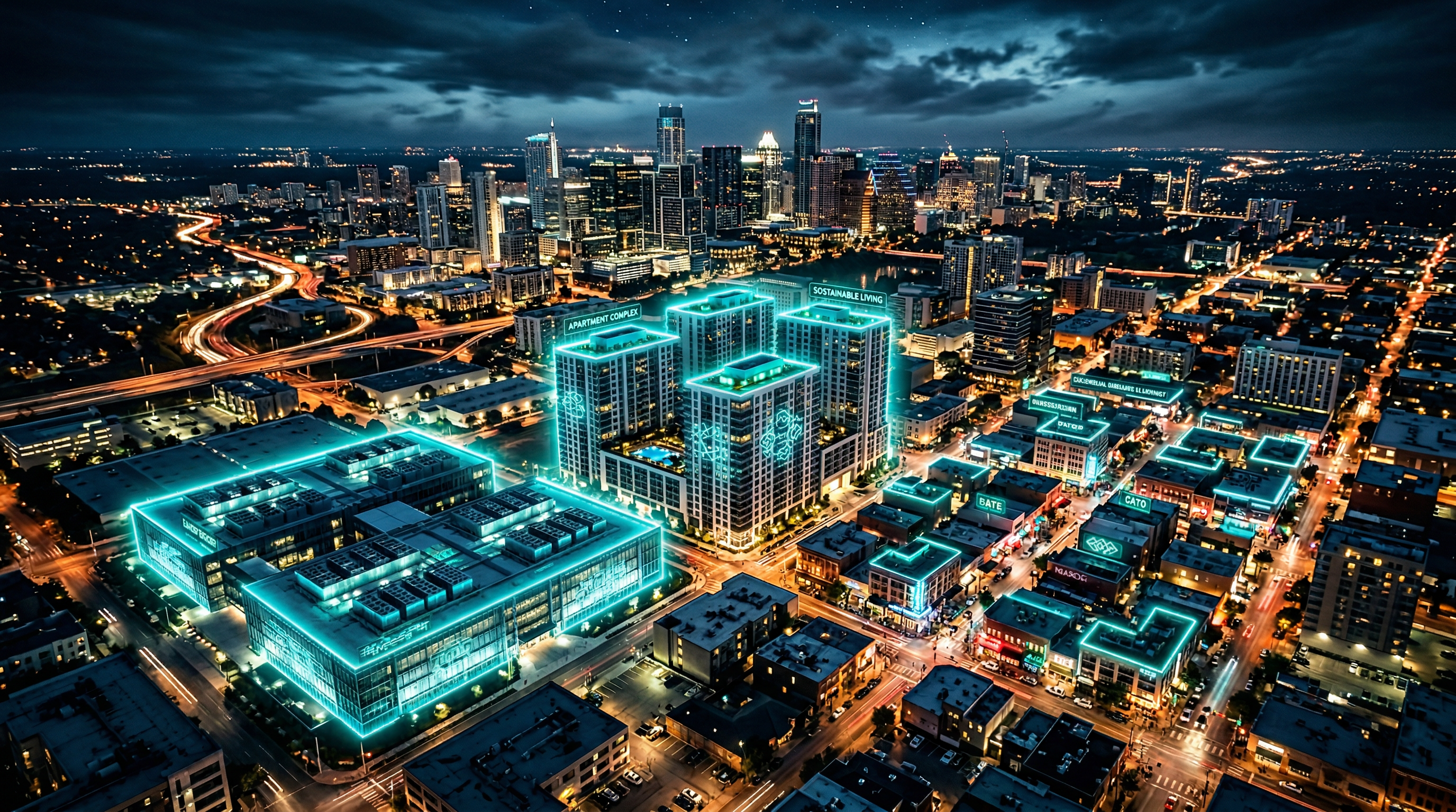 Aerial view of Texas city at night with energy efficiency overlays on data center, apartment complex, and restaurant district