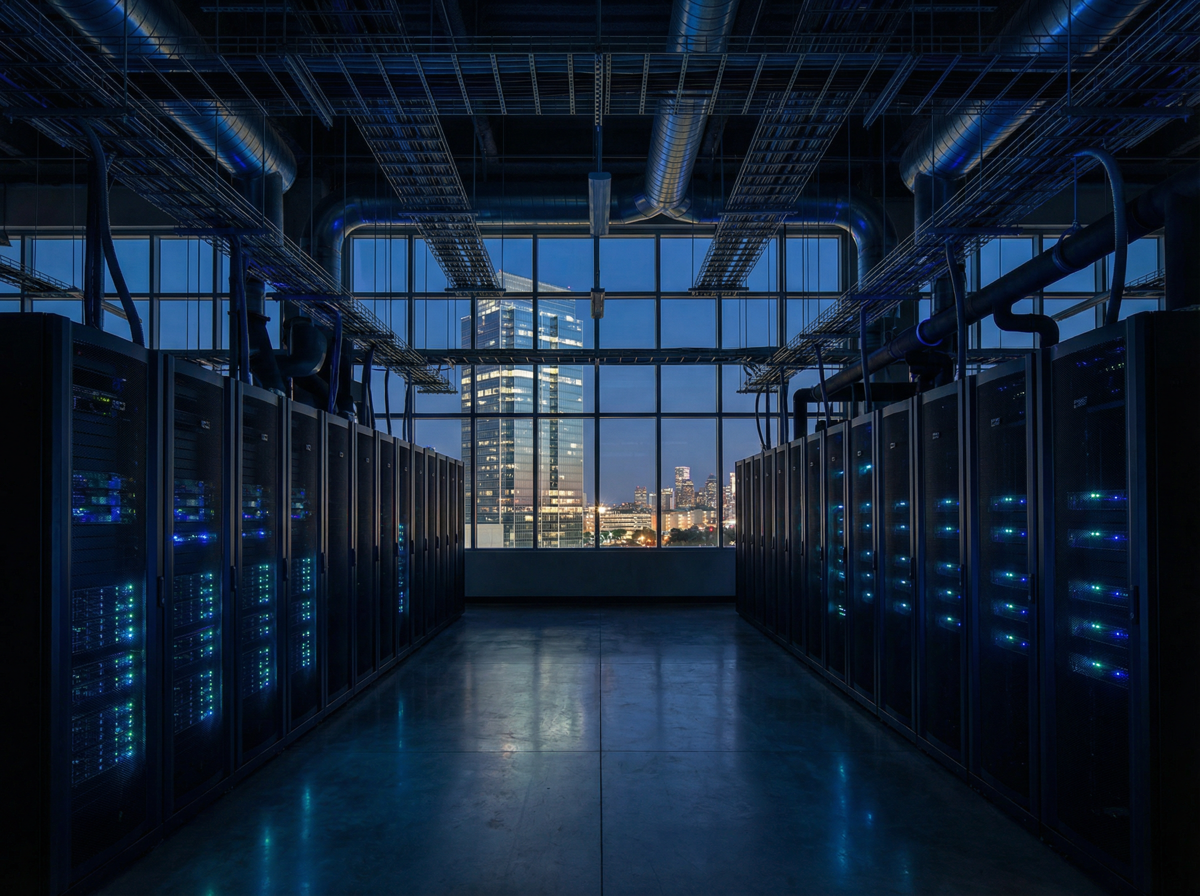 Energy consultant reviewing power consumption dashboards with Texas skyline