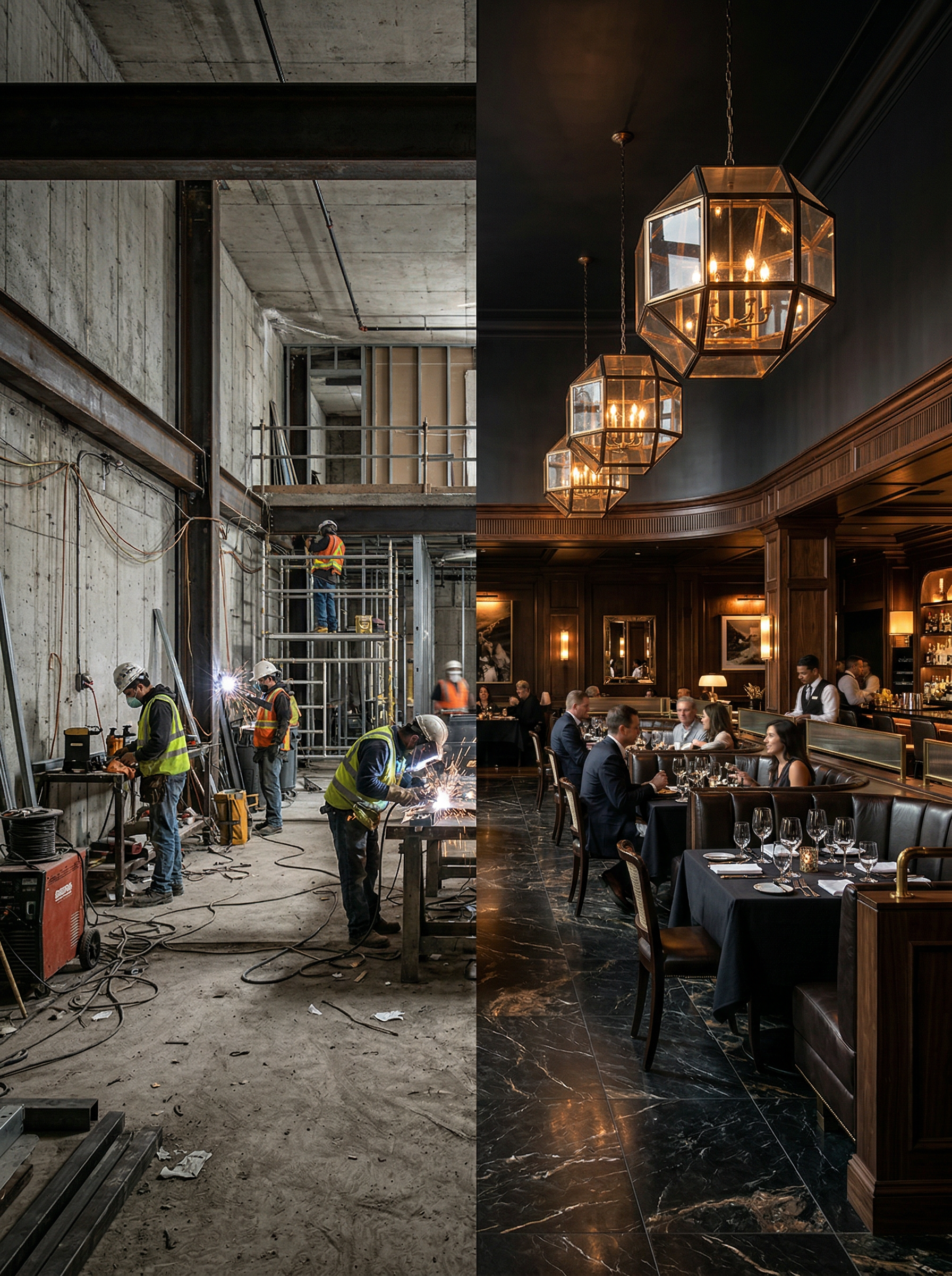Restaurant transformation: raw construction to finished luxury dining room