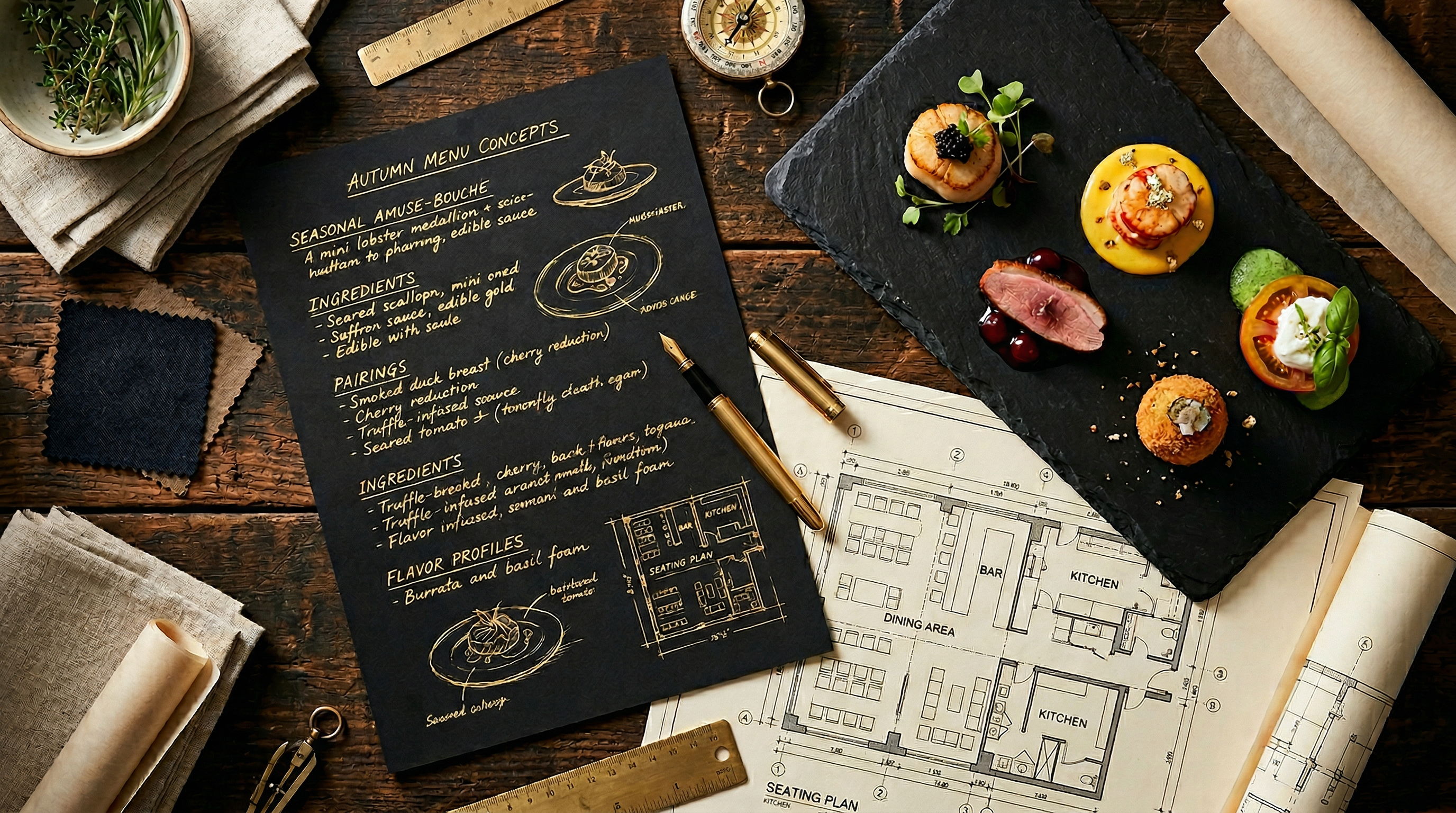Upscale F&B design — menu concepts, plated food, architectural plans