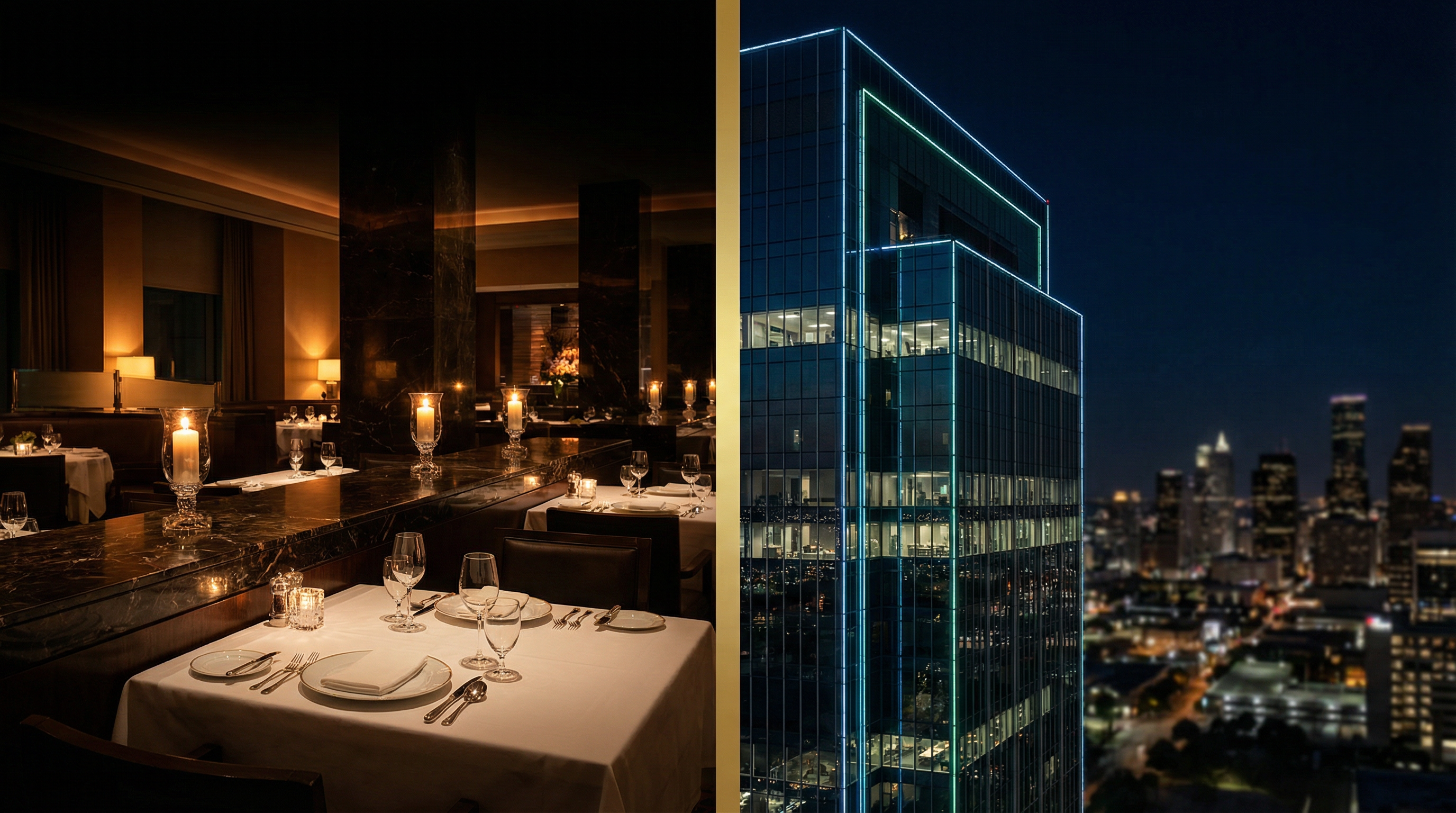 Upscale restaurant interior and commercial energy building at night
